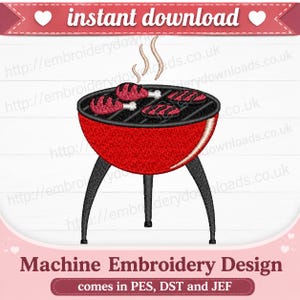 May include: A machine embroidery design featuring a bright red kettle-style charcoal grill with three black legs. The grill grate holds three pieces of cooked red meat with white bone ends, and light gray steam swirls upward from the food.