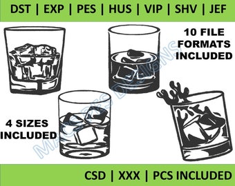 Whiskey Glass ice Embroidery Designs PES JEF DST drink Embroidery Machine 4 Sizes pack alcohol Embroidery Design xxx shv csd pes exp hus vip