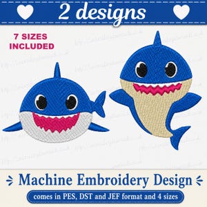 Paquete de diseños de bordado a máquina de Baby Shark, 2 archivos de bordado de tiburones adorables, PES DST JEF, 4 tamaños, descarga instantánea.