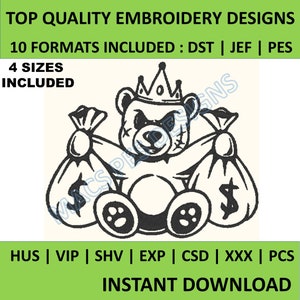 Teddy Bear King Money Bags Ricamo Design PES JEF DST Macchina da ricamo 4 taglie confezione logo Ricamo xxx Design shv csd pes exp hus vip