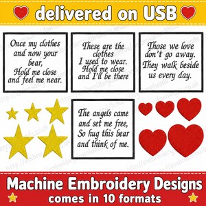 Op de afbeelding: Machineborduurontwerpen met vier vierkante patches met zwarte tekst op een witte achtergrond, vijf gele sterren en vijf rode harten. De tekst bevat herdenkingsverzen over kleding en beren. De bovenste banner bevat de tekst delivered on USB.