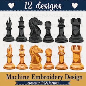 Chess pieces PES embroidery designs Machine Embroidery 12 file instant download brother best seller game black white pes king queen