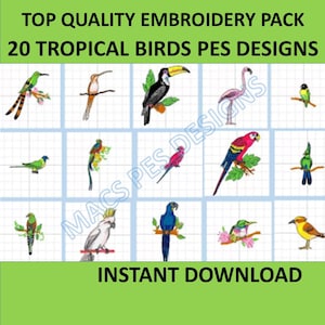 Tropical Birds PES designs Machine Embroidery files instant download brother file pack embroider bird beautiful birdy flying flight