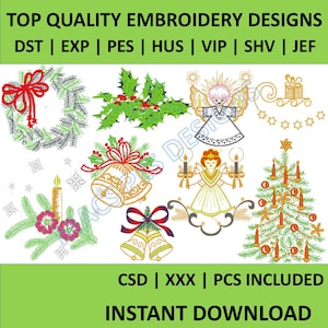May include: A collection of embroidery designs featuring Christmas and holiday themes. Designs include a wreath, holly, angels, bells, a Christmas tree, and other festive elements. The text at the top reads "TOP QUALITY EMBROIDERY DESIGNS".