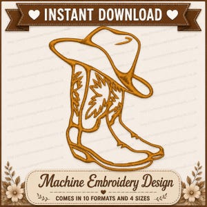 cowboy boot & hat embroidery design – western machine embroidery pattern pack (pes, jef, dst, exp, hus, vip, xxx, shv, csd) – 8 sizes large