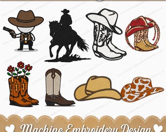 Cowboy Embroidery Designs PES JEF DST boot 8 Embroidery Machine 4 Sizes pack hat Embroidery Design instant download western instant download
