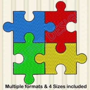 May include: A four-piece jigsaw puzzle design in blue, red, green, and yellow. The image shows four interlocking puzzle pieces, each a different colour. Text at the bottom reads "Multiple formats & 4 Sizes included."