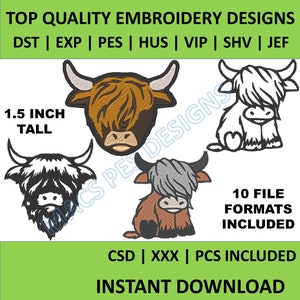 Highland Cow Embroidery Design, Farm Animal Machine Embroidery File, 4 designs 10 formats , Instant Download