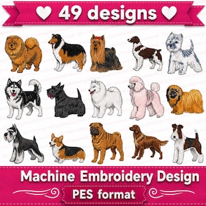 Borduurpatronen van hondenrassen, 49 PES-bestanden, borduurpatronen van honden en puppy's voor de borduurmachine, borduurbestanden van honden, Jack Russell, Labrador, Bulldog
