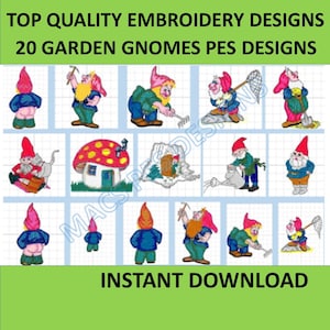 Garden Gnomes 20 PES designs Machine Embroidery files instant download brother file pack embroider decoration funny gnome