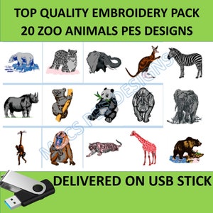 Zoo Animals 20 PES designs Machine Embroidery files on USB STICK Machine Embroidery files to embroider elephant rhino lion monkey koala