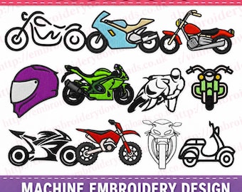 Máquina de bordar PES JEF DST para motocicletas, 11 diseños, 4 tamaños. Diseños para máquinas de bordar JEF. Archivo DST para máquina de bordar scooter JEF.