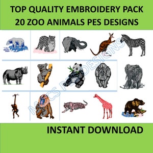 Zoo Animals - 20 PES designs Machine Embroidery files instant download 4 x 4 inch brother embroidered pack files animals lion tiger elephant