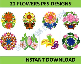 Diseños florales para bordado a máquina, paquete de 22 archivos PES de flores (descarga instantánea)