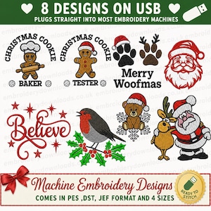 Desenhos de Natal para Bordado à Máquina, 8 desenhos natalinos em pen drive, formatos PES, DST e JEF, 4 tamanhos, Papai Noel, Renas e Bordados de Natal.