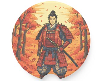 Ukiyo-e Samurai Soapstone Car Coaster, Japanese Warrior Auto Cup Holder Gift