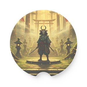 May include: Round car coaster featuring a samurai warrior in full armor, holding two swords. The background depicts a Japanese garden with a torii gate, stone lanterns, and a staircase leading to a temple. The color palette includes greens, golds, and browns.