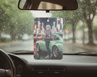 Retro Car Air Freshener, Neon Night Drive with Mint Sports Car, Hanging Auto Diffuser