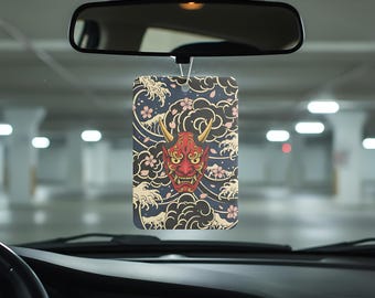 Hannya Oni Mask Art Car Air Freshener, Japanese Ukiyoe Demon Waves Sakura Auto Diffuser