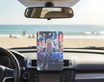 Anime Car Air Freshener, Neon Night City Scene, Blue Sports Car Hanging Scented Diffuser