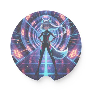 Cyberpunk Anime Fox Girl Car Coaster Set, Soapstone Absorbent Neon New Driver Gift