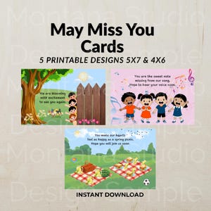 May include: Digital printable cards with the text "May Miss You Cards" and "5 Printable Designs 5x7 & 4x6". The cards feature illustrations of children, picnics, and nature scenes. The words "Instant Download" are also present.