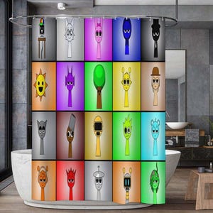 Sprunki GameShower Curtain, Incredibox Sprunki Bathroom Shower Curtain, Sprunki Cartoon Characters, Playful Curtains Kids Room Decor