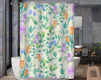 Floral Shower Curtain, Floral Green Leaf Bathroom Decor, Watercolor Aesthetic Shower Curtain, Aesthetic Gift, Multi-Size Shower Curtains