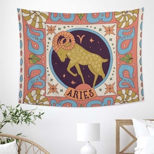 Aries Tapestry Moon Phase Stars Zodiac Tapestry Living Room Bedroom Wall Hanging Gothic Decoration Holiday Gift