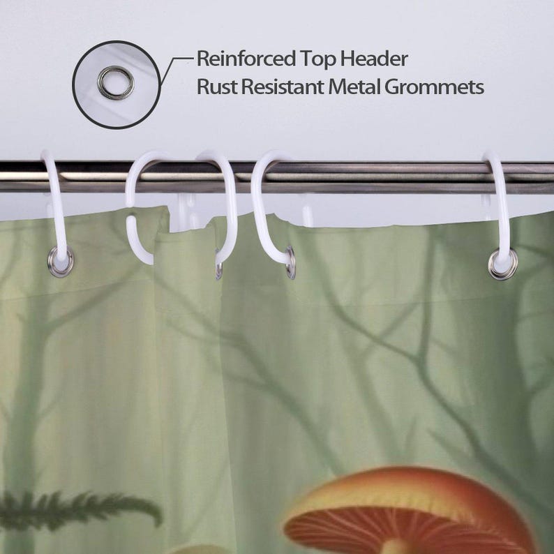 May include: White shower curtain with a forest scene featuring a large orange mushroom. The curtain has a reinforced top header and rust resistant metal grommets.