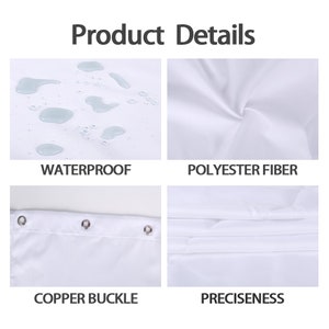 May include: Close-up details of a white shower curtain. The shower curtain is waterproof, made of polyester fiber, and has copper buckle grommets. The shower curtain is also shown folded to demonstrate its preciseness.