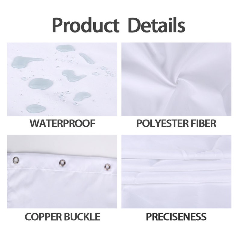 May include: Close-up details of a white shower curtain. The shower curtain is waterproof, made of polyester fiber, and has copper buckle grommets. The shower curtain is also shown folded to demonstrate its preciseness.
