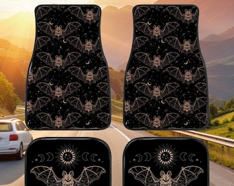 Schwarze Fledermaus Gothic Auto Fußmatten | Halloween-Autozubehör | Gothic Aesthetic Auto Fußmatten 4er Set | Autozubehör Vorne und Hinten