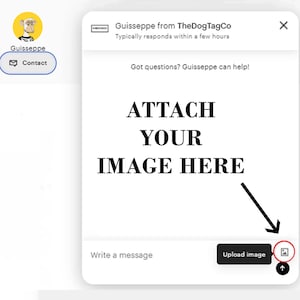 May include: A white chat window with the text "ATTACH YOUR IMAGE HERE" in black bold font. A black arrow points to a white button with a picture icon labeled "Upload image".