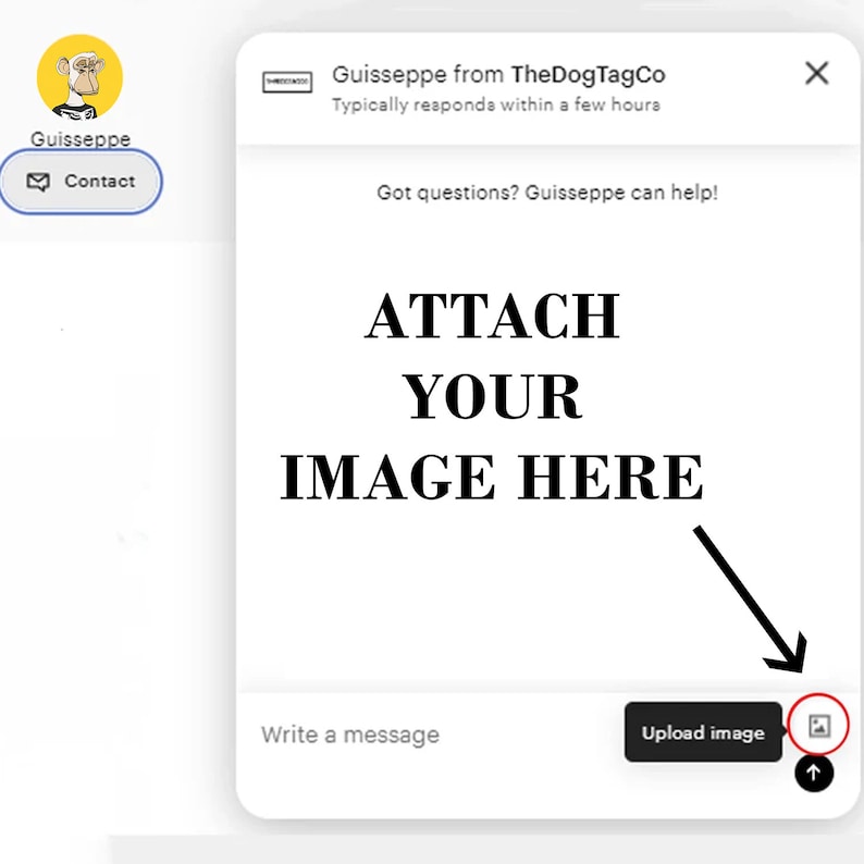 May include: A white chat window with the text "ATTACH YOUR IMAGE HERE" in black bold font. A black arrow points to a white button with a picture icon labeled "Upload image".