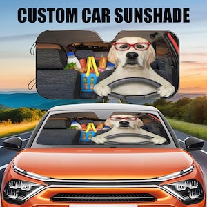 ペット用自動車フロントガラスサンシェード、パーソナライズされた犬の絵が紫外線をブロックするサンバイザープロテクターカーサンシェード、犬好きのお父さんや彼氏へのギフト