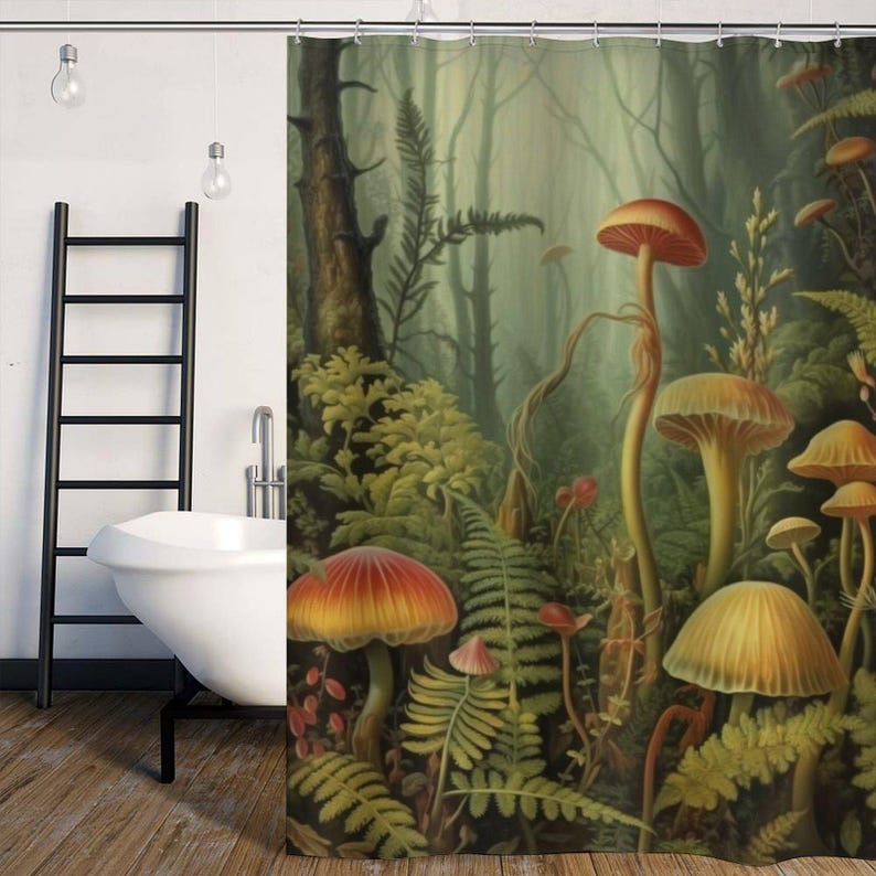 May include: A shower curtain featuring a whimsical forest scene with a variety of colorful mushrooms in a lush green setting.