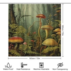 May include: A shower curtain featuring a whimsical forest scene with colorful mushrooms and ferns. The background is a misty green forest with tall trees. The curtain is 72 inches wide and 72 inches tall.