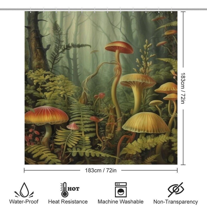 May include: A shower curtain featuring a whimsical forest scene with colorful mushrooms and ferns. The background is a misty green forest with tall trees. The curtain is 72 inches wide and 72 inches tall.