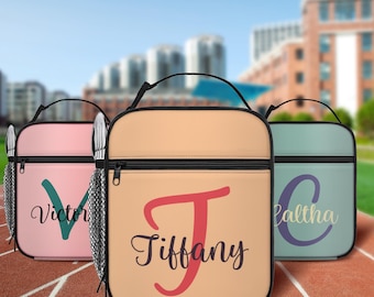 Bolsa de almuerzo personalizada con nombre inicial, lonchera personalizada, lonchera con nombre, bolsa de almuerzo aislada personalizada con cremallera para niñas y niños