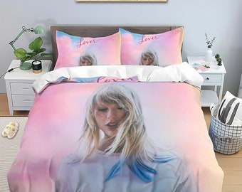 Ropa de cama con estampado de Taylor rosa, juego cómodo de 3 piezas a la moda para niños y adultos, funda nórdica, funda de almohada, juego de cama de regalo