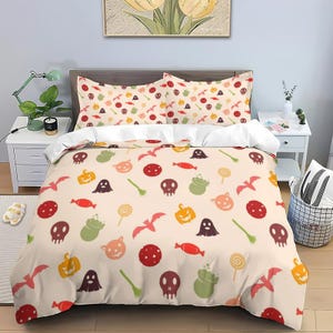 Halloween Duvet Cover set Bed 3 Piece Set Halloween Bedding,Ghosts Bedding,Multi-Size Duvet Covers,Pumpkins Bats Ghosts Queen King Duvet