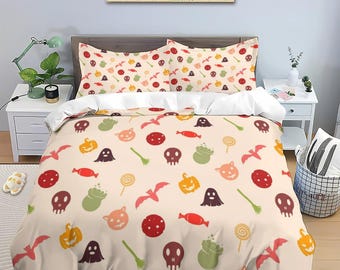 Halloween Duvet Cover set Bed 3 Piece Set Halloween Bedding,Ghosts Bedding,Multi-Size Duvet Covers,Pumpkins Bats Ghosts Queen King Duvet