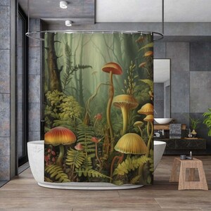 May include: A shower curtain featuring a whimsical forest scene with a variety of mushrooms in shades of red, orange, and yellow. The mushrooms are surrounded by lush green foliage and a misty background.