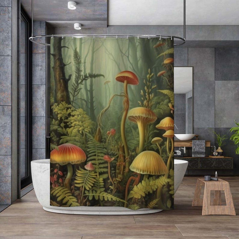 May include: A shower curtain featuring a whimsical forest scene with a variety of mushrooms in shades of red, orange, and yellow. The mushrooms are surrounded by lush green foliage and a misty background.