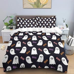 BOO Ghost Halloween Duvet Cover, Black & White Spooky Duvet Cover, Halloween Bedding,Bed 3 Piece Set,Ghosts Bedding,Ghosts Queen King Duvet