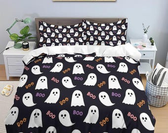 BOO Ghost Halloween Duvet Cover, Black & White Spooky Duvet Cover, Halloween Bedding,Bed 3 Piece Set,Ghosts Bedding,Ghosts Queen King Duvet