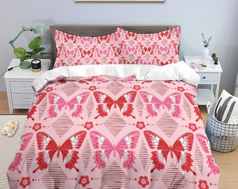 Fresh Floral Duvet Cover Set,Vintage Butterfly Bedding Set,Butterfly Girl Bedding,Bed Decoration,3 Piece Bedding Set Butterfly Floral