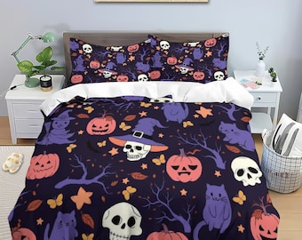 May include: A purple and black Halloween bedding set with a spooky pattern of skulls, pumpkins, cats, and bats. The bedding set includes a duvet cover, two pillowcases, and a decorative throw pillow.