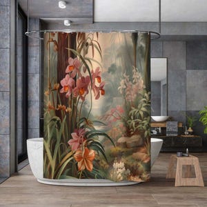 May include: A shower curtain featuring a vintage botanical illustration of pink orchids in a lush green jungle setting.